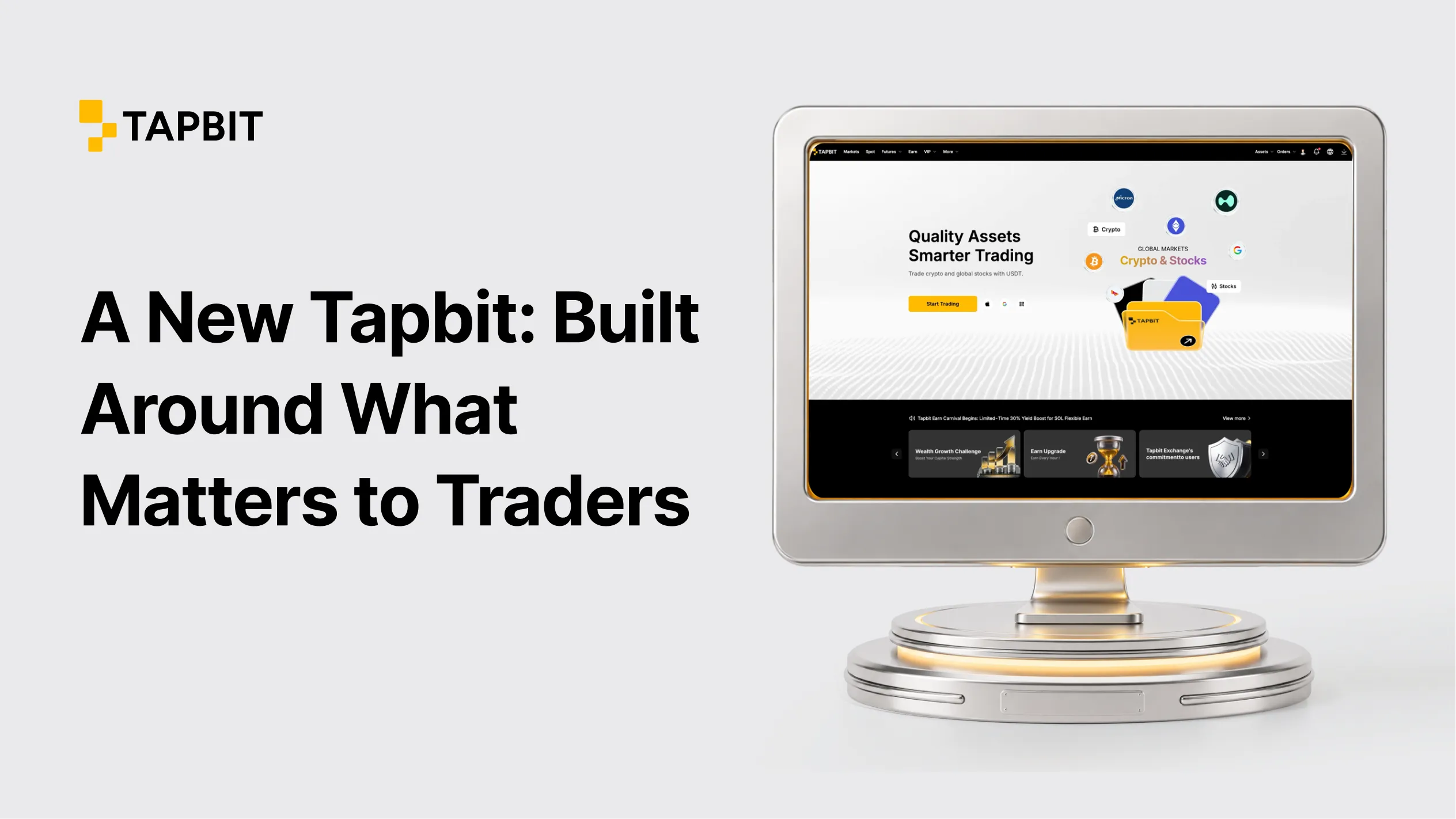 Tapbit website redesign showing live crypto and stock markets in a connected trading interface.