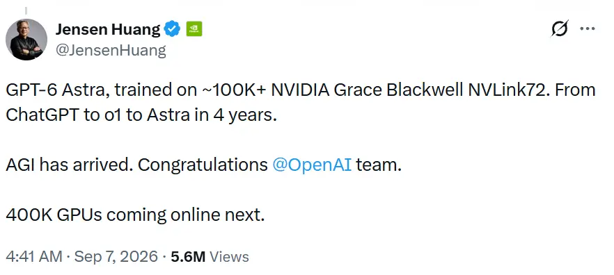 Jensen Huang: AGI has arrived! OpenAI Astra is backed by NVIDIA, with 400,000 GPUs about to go online